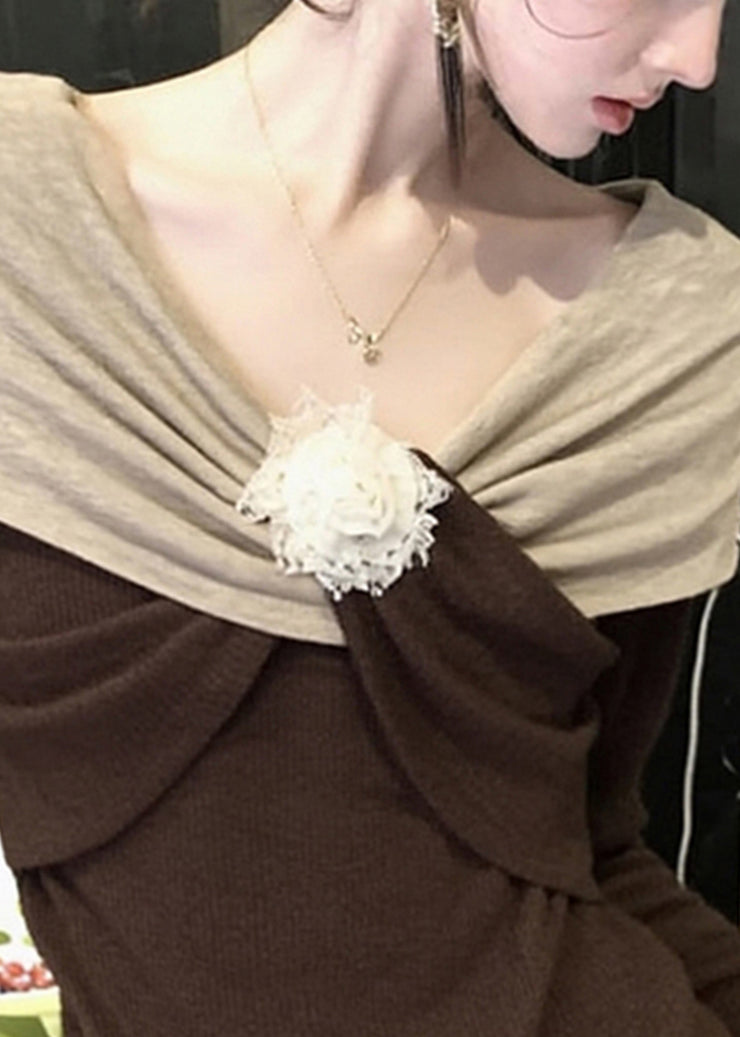 Original Design Brown Floral Patchwork Knit Sweaters Fall