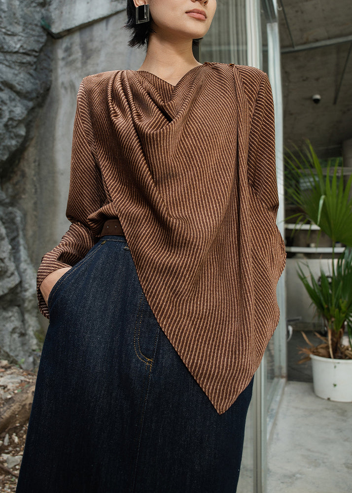 Original Design Brown O-Neck Striped Cotton Blouse Fall
