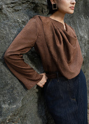 Original Design Brown O-Neck Striped Cotton Blouse Fall