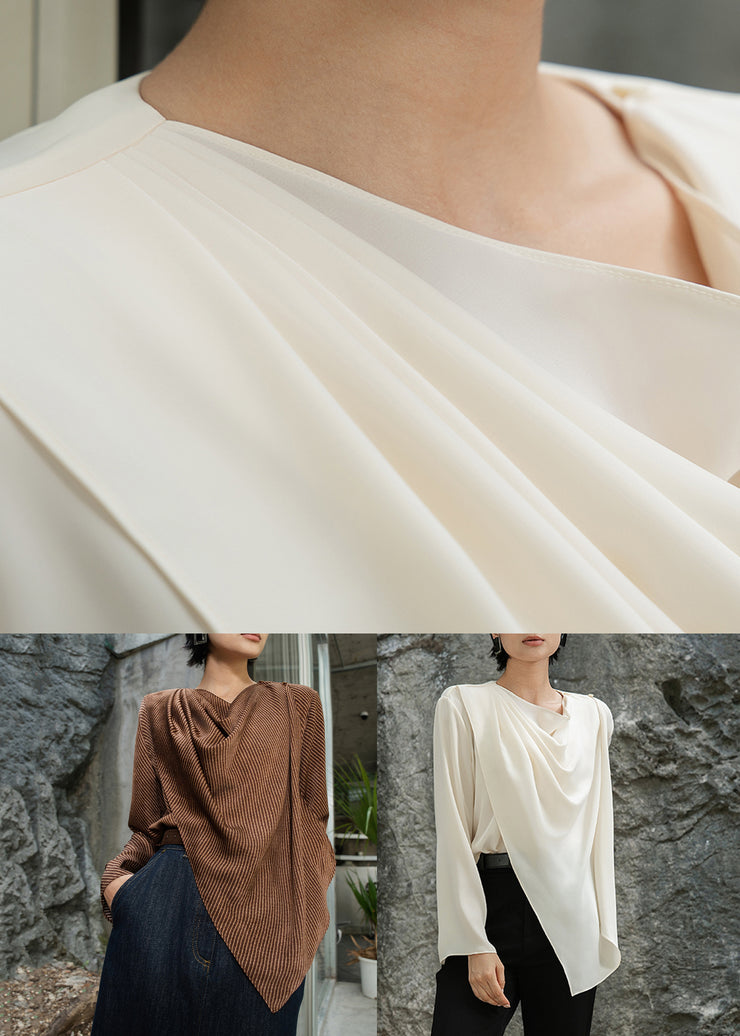Original Design Brown O-Neck Striped Cotton Blouse Fall