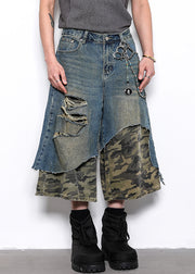 Original Design Camouflage Hole Patchwork Denim Men Crop Pants Summer