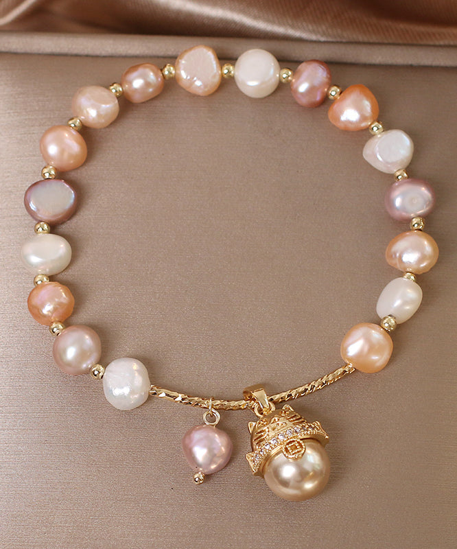 Original Design Champagne Copper Overgild Pearl Lucky Cat Tassel Charm Bracelet