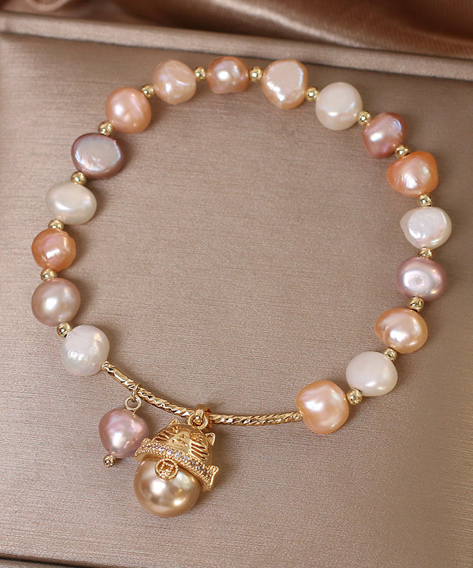 Original Design Champagne Copper Overgild Pearl Lucky Cat Tassel Charm Bracelet