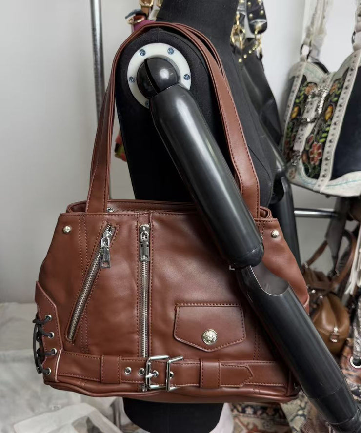 Original Design Chocolate Solid Durable Faux Leather Zipper Shoulder Bag