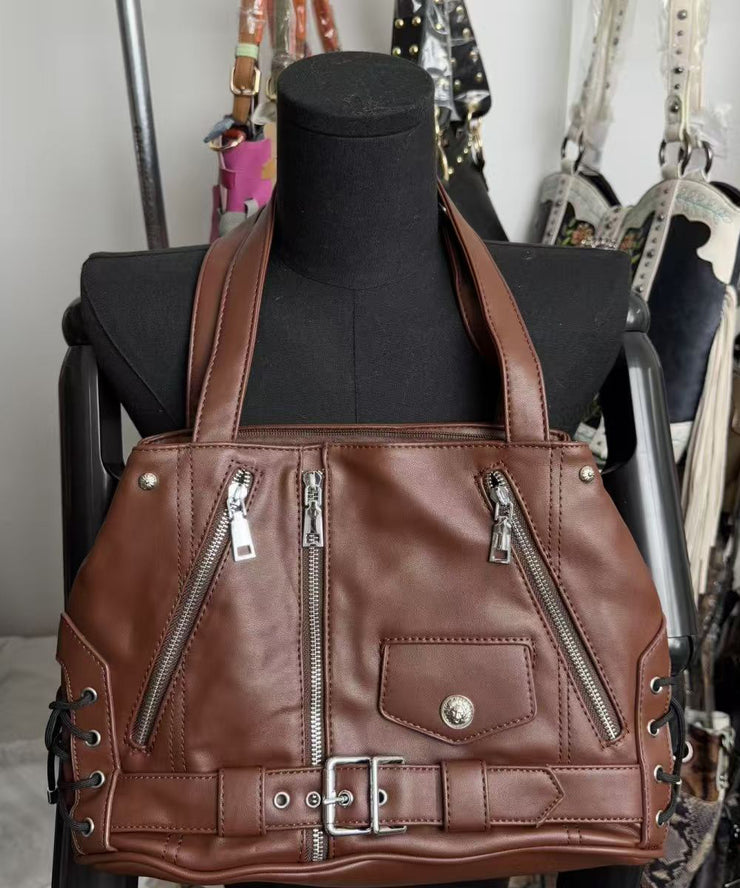 Original Design Chocolate Solid Durable Faux Leather Zipper Shoulder Bag