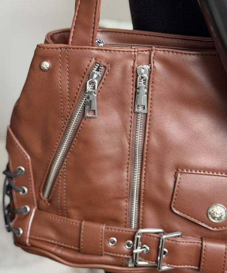 Original Design Chocolate Solid Durable Faux Leather Zipper Shoulder Bag