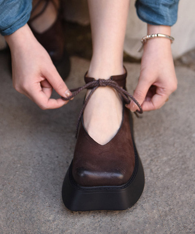 Original Design Coffee Cowhide Leather Platform Shoes Lace Up