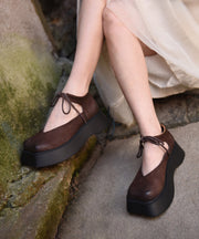 Original Design Coffee Cowhide Leather Platform Shoes Lace Up