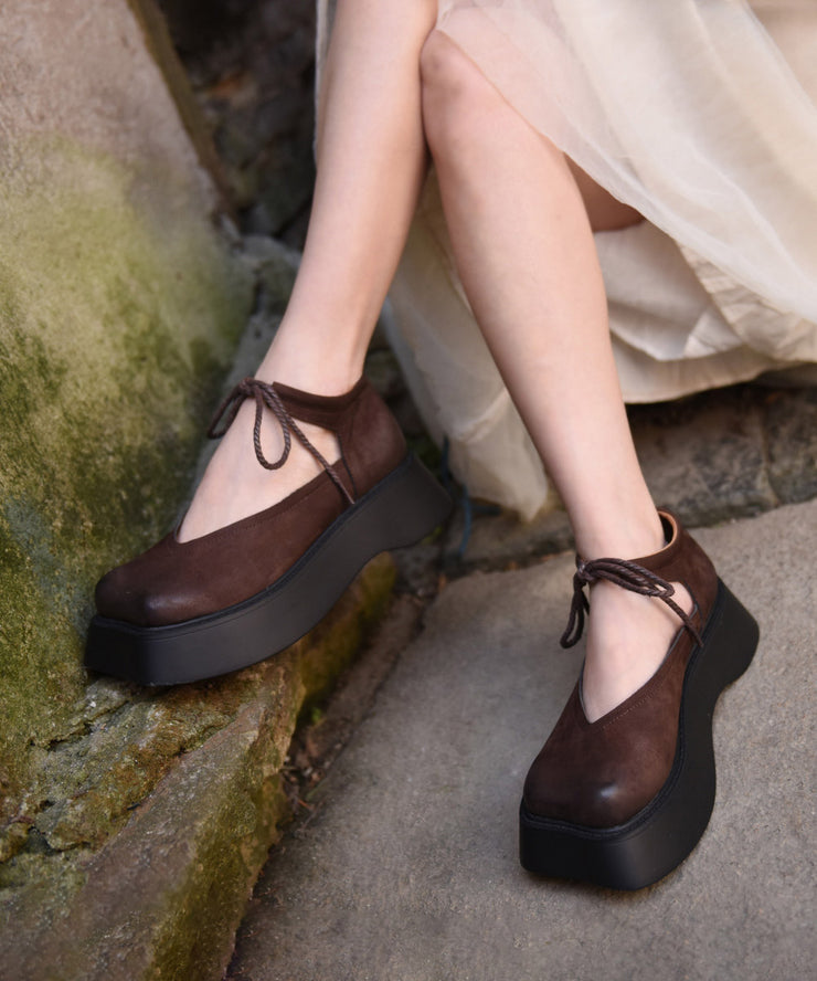 Original Design Coffee Cowhide Leather Platform Shoes Lace Up