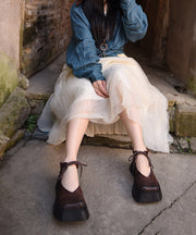 Original Design Coffee Cowhide Leather Platform Shoes Lace Up