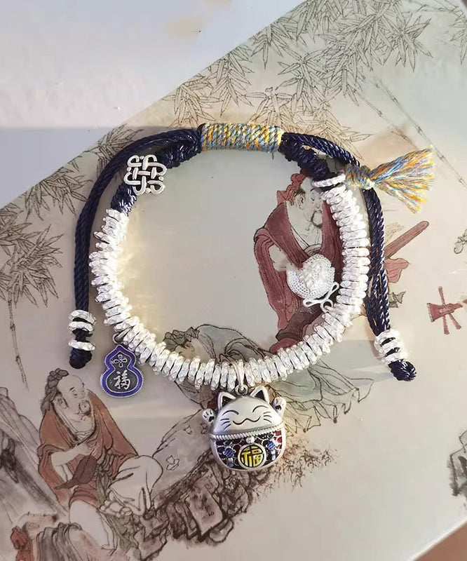 Original Design Colorblock 925 Lucky Cat Broken Silver Charm Bracelet