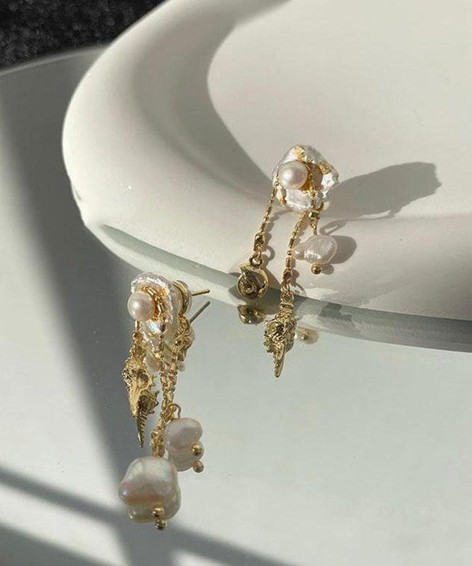 Original Design Gold Copper Alloy Conch Pearl Tassel Drop Earrings