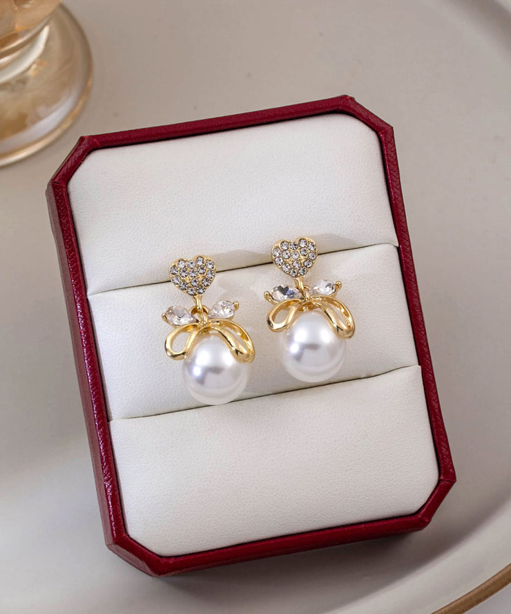 Original Design Gold Copper Alloy Zircon Pearl Bow Stud Earrings