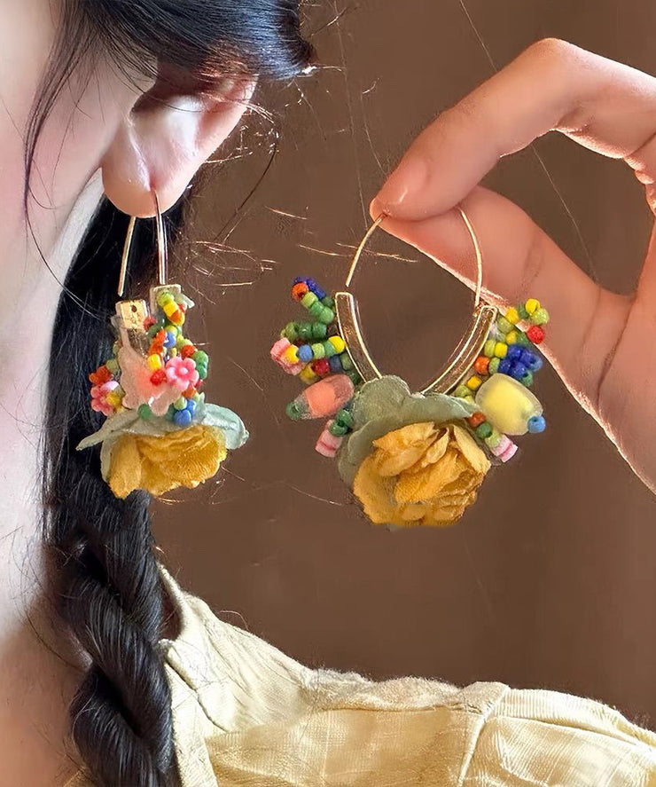 Original Design Gold Copper Tulle Beads Floral Hoop Earrings