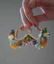 Original Design Gold Copper Tulle Beads Floral Hoop Earrings