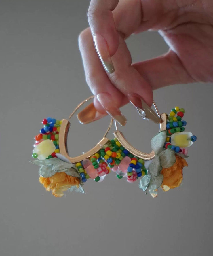 Original Design Gold Copper Tulle Beads Floral Hoop Earrings