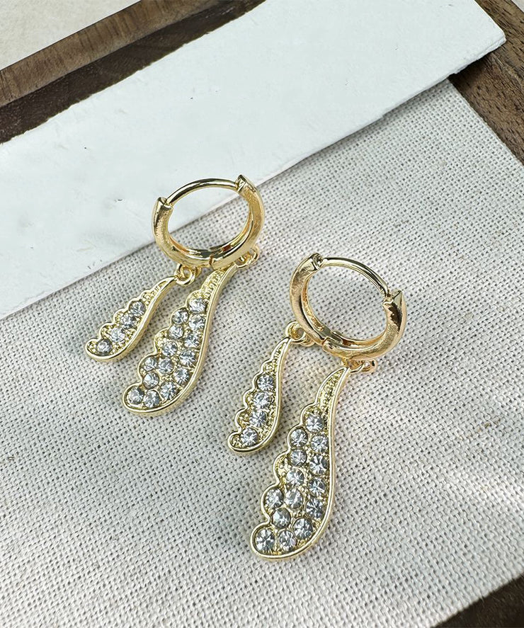 Original Design Gold Stainless Steel Zircon Water Droplet Wing Hoop Earrings