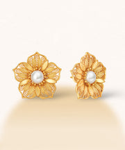 Original Design Gold Sterling Silver Overgild Pearl Hollow Out Stud Earrings