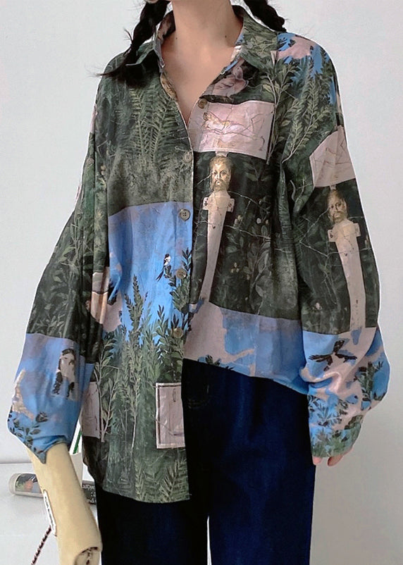 Original Design Green Button Print Cotton Blouses Fall