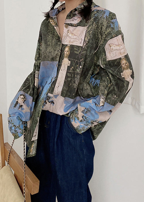 Original Design Green Button Print Cotton Blouses Fall