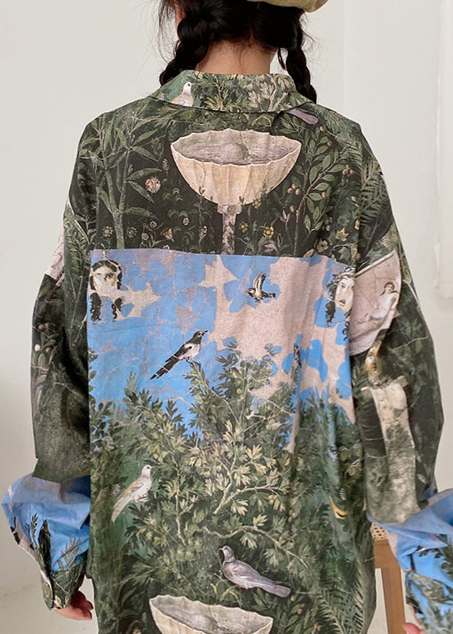 Original Design Green Button Print Cotton Blouses Fall