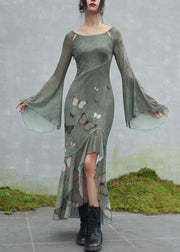 Original Design Green O-Neck Butterfly Tulle Maxi Dresses Flare Sleeve