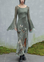 Original Design Green O-Neck Butterfly Tulle Maxi Dresses Flare Sleeve