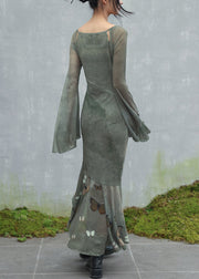 Original Design Green O-Neck Butterfly Tulle Maxi Dresses Flare Sleeve