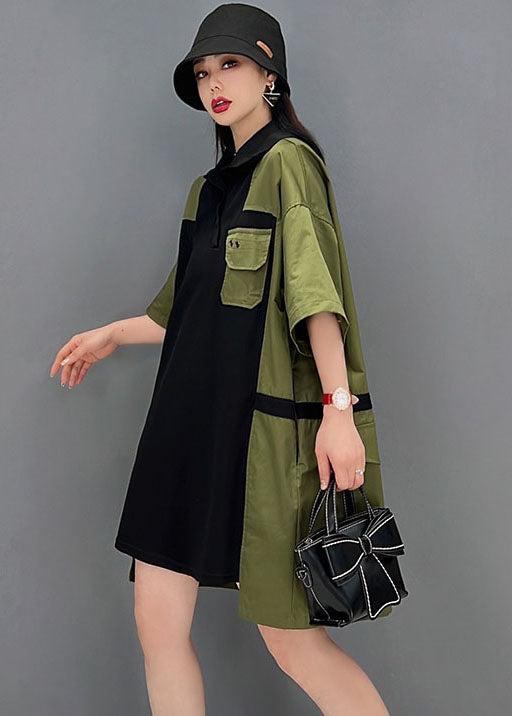 Original Design Green Peter Pan Collar Patchwork Cotton Long Shirt Short Sleeve