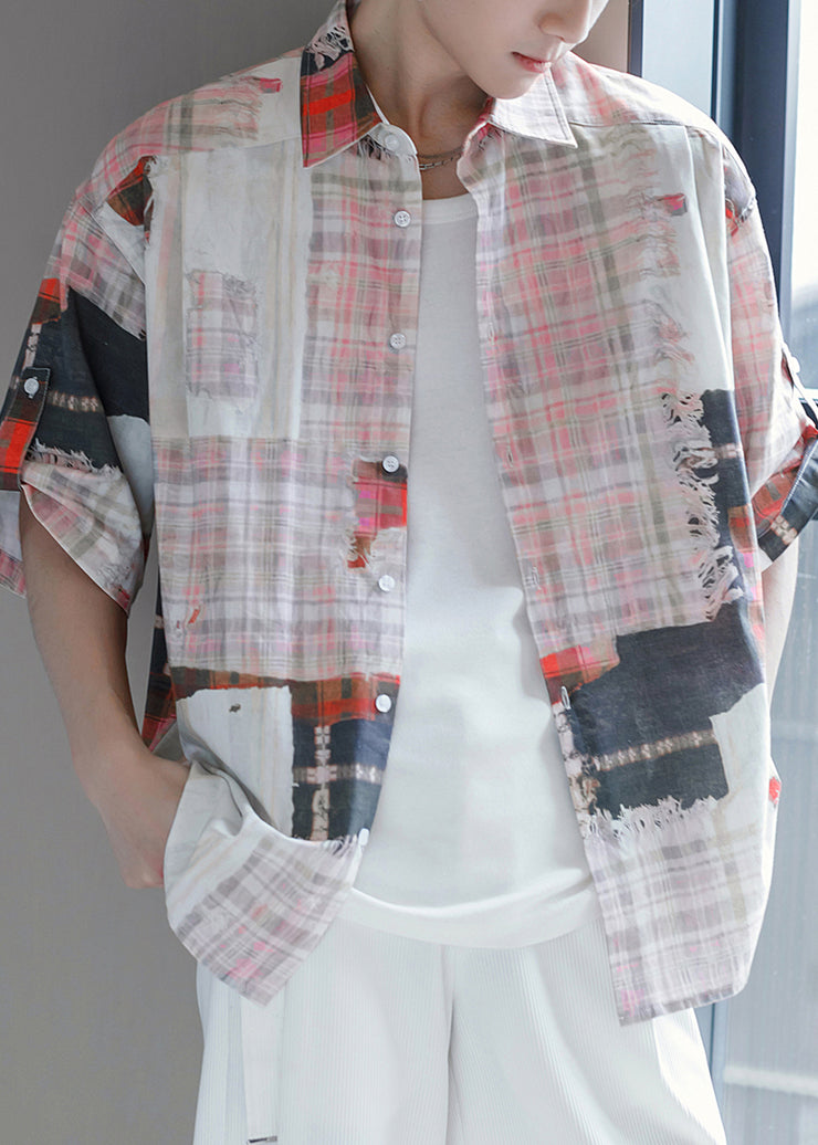 Original Design Green Plaid Button Cotton Mens Shirts Half Sleeve