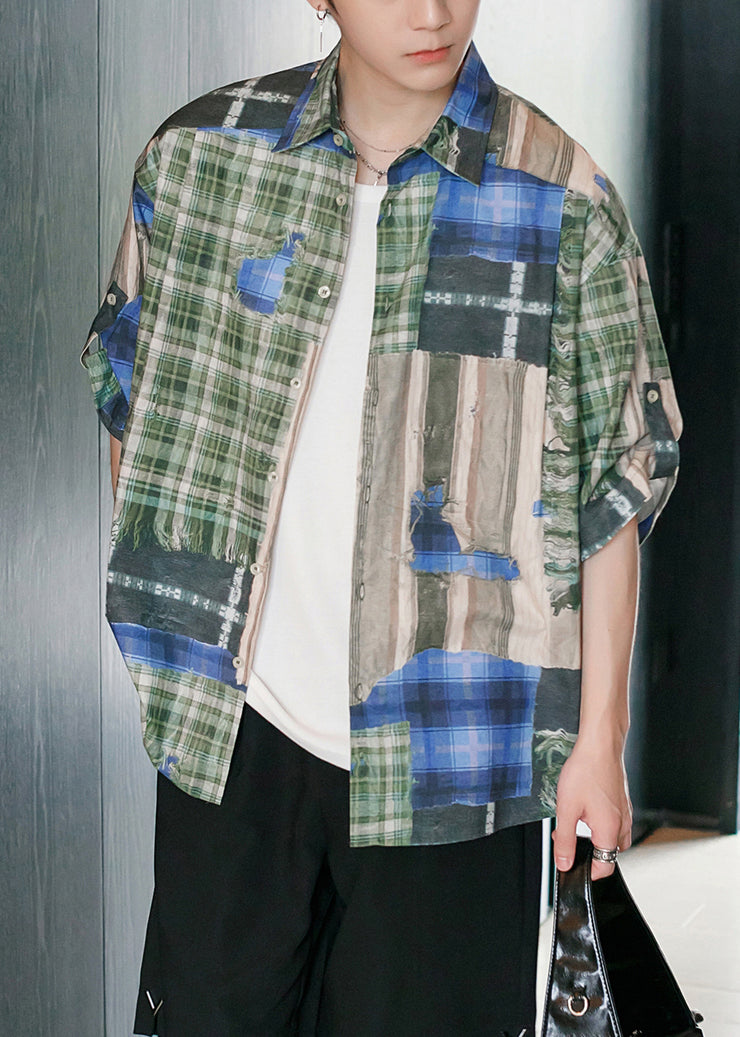 Original Design Green Plaid Button Cotton Mens Shirts Half Sleeve