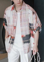 Original Design Green Plaid Button Cotton Mens Shirts Half Sleeve