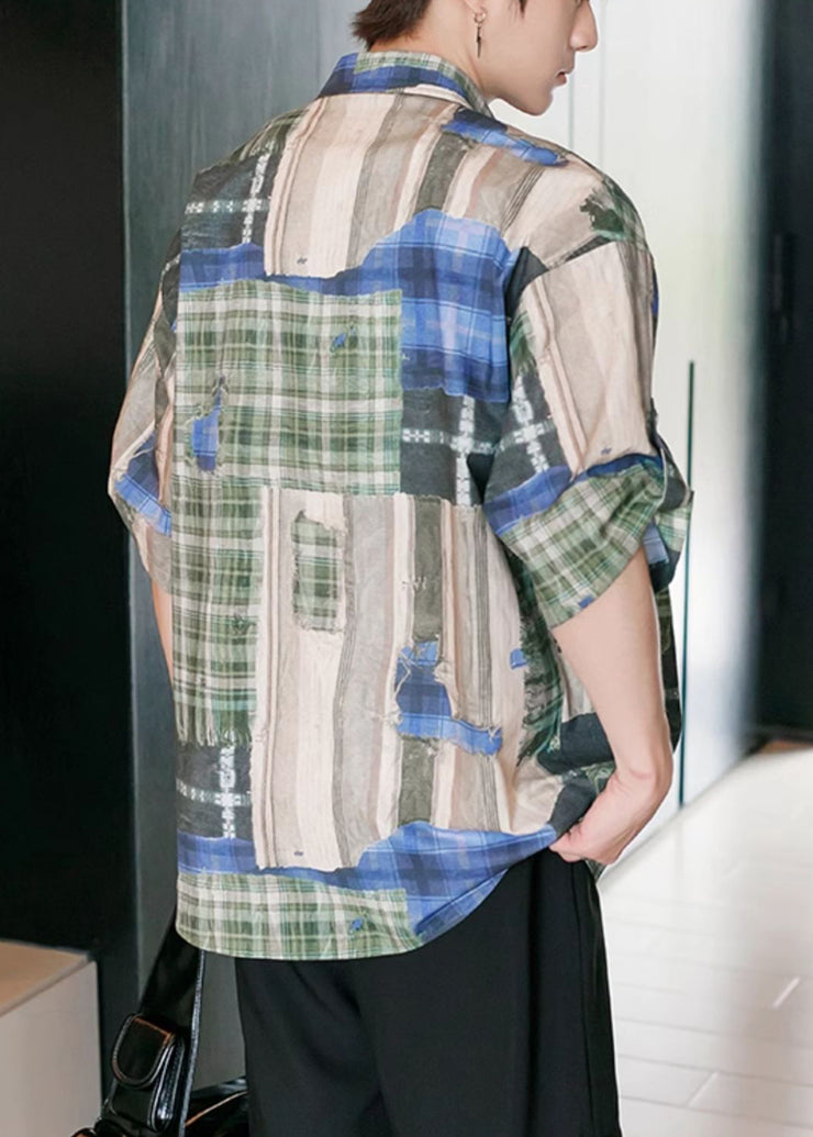 Original Design Green Plaid Button Cotton Mens Shirts Half Sleeve