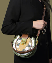 Original Design Green Print Patchwork Calf Leather Saddle Bag
