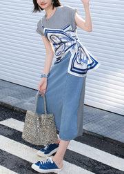 Original Design Grey False Two Pieces Denim Patchwork T Shirt Dress Summer