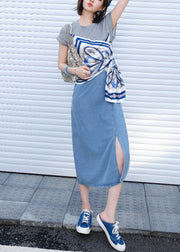 Original Design Grey False Two Pieces Denim Patchwork T Shirt Dress Summer