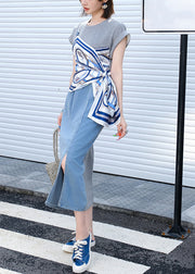 Original Design Grey False Two Pieces Denim Patchwork T Shirt Dress Summer