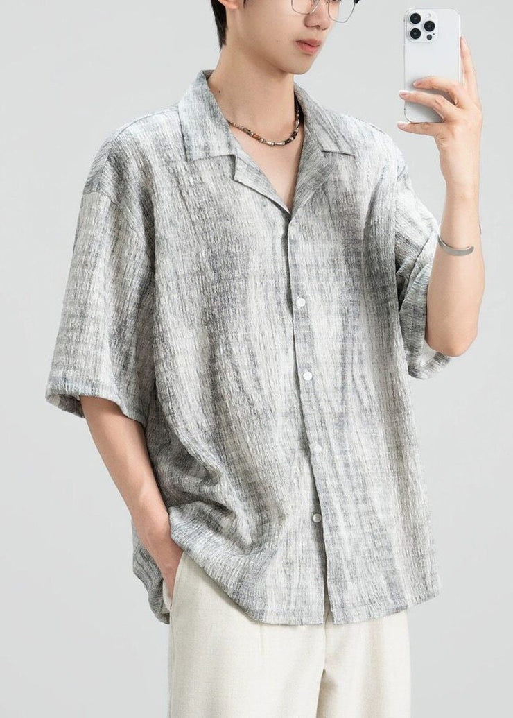 Original Design Grey Peter Pan Collar Button Cotton Mens Shirts Summer