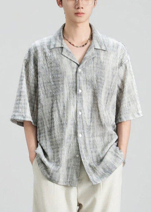 Original Design Grey Peter Pan Collar Button Cotton Mens Shirts Summer