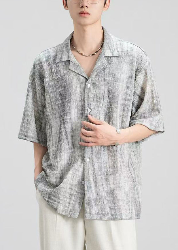 Original Design Grey Peter Pan Collar Button Cotton Mens Shirts Summer