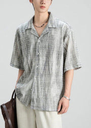 Original Design Grey Peter Pan Collar Button Cotton Mens Shirts Summer
