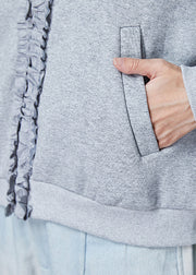 Original Design Grey Ruffled Patchwork Pockets Cotton Jacket Spring