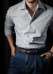 Original Design Haze Blue Striped Button Cotton Men Shirts Fal