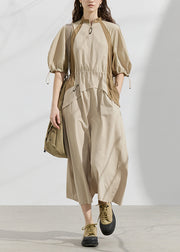 Original Design Khaki Drawstring Patchwork Cotton Dresses Summer