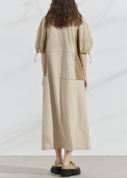 Original Design Khaki Drawstring Patchwork Cotton Dresses Summer
