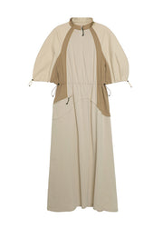 Original Design Khaki Drawstring Patchwork Cotton Dresses Summer