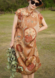 Original Design Khaki Mandarin Collar Print Side Open 2025 Silk Dresses Sleeveless
