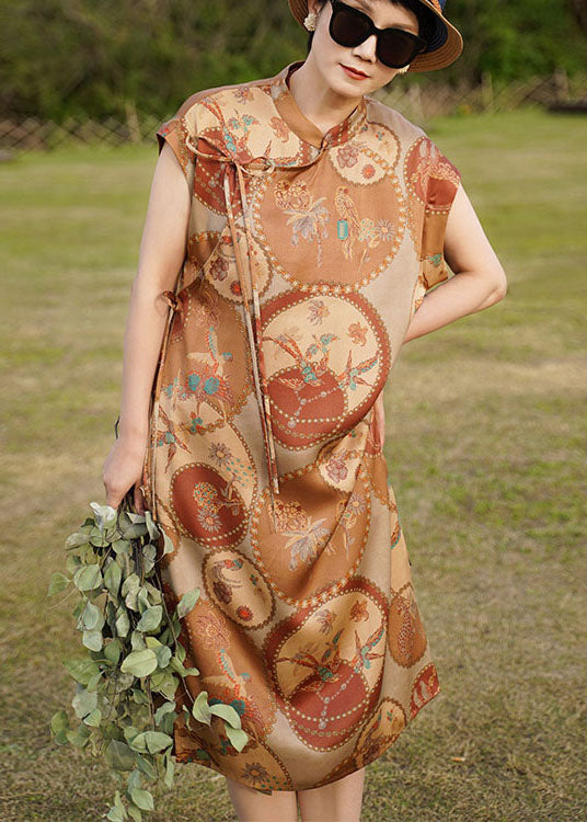 Original Design Khaki Mandarin Collar Print Side Open 2025 Silk Dresses Sleeveless