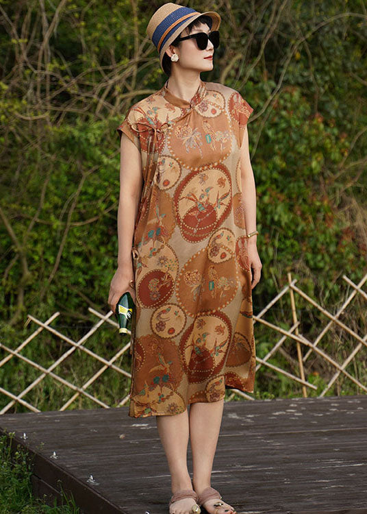 Original Design Khaki Mandarin Collar Print Side Open 2025 Silk Dresses Sleeveless