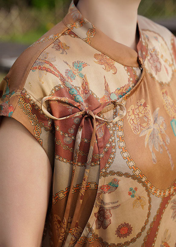 Original Design Khaki Mandarin Collar Print Side Open 2025 Silk Dresses Sleeveless